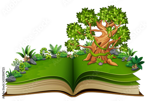 Open book with tree and green plant of nature background