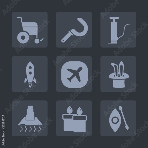Premium set of fill icons. Such as hood, handicap, river, cooking, fire, sign, air, pump, water, wax, disability, kitchen, travel, aircraft, spaceship, farming, gasoline, station, power, flame, kayak