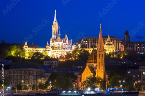 Fisherman's Bastion and Calvinist Church at night, Budapest, Hungary