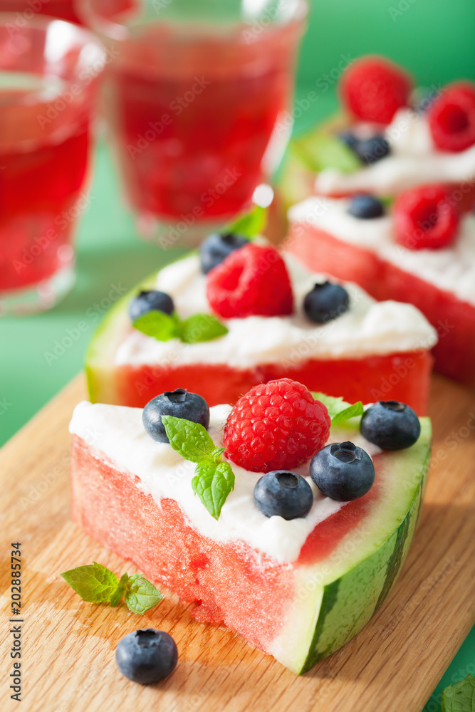 watermelon pizza slices with yogurt and berries, summer dessert watermelon pizza slices with yogurt and berries, summer dessert