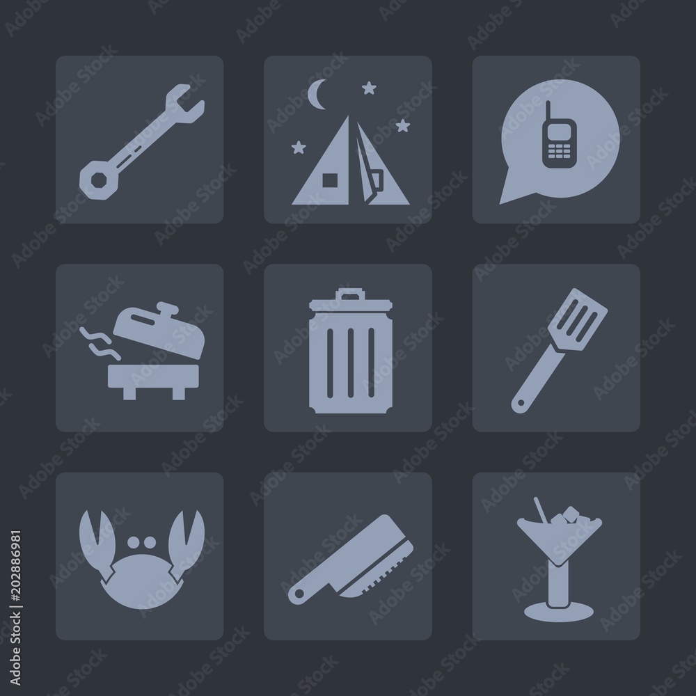 Premium set of fill icons. Such as nature, heater, kitchen, tent, repair, construction, communication, fork, cocktail, bar, boiler, home, crab, alcohol, ringing, travel, can, tourism, pan, outdoor