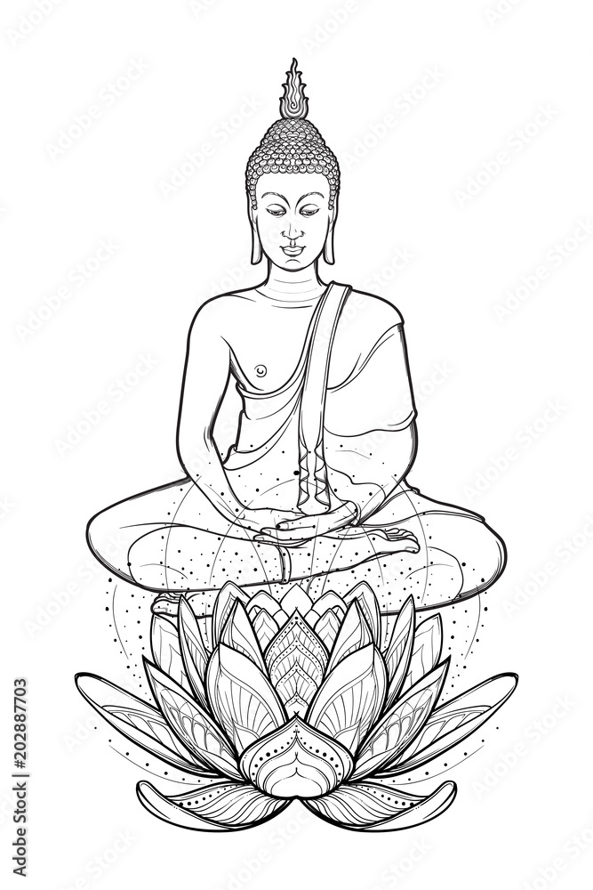 Buddha sitting on a Lotus flower and meditating in the single lotus  position. Intricate hand drawing isolated on white background. Tattoo  design. EPS10 vector illustration Stock Vector | Adobe Stock