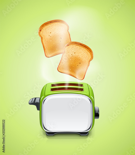 Green Toaster. Kitchen equipment for roast bread. Cooking food.