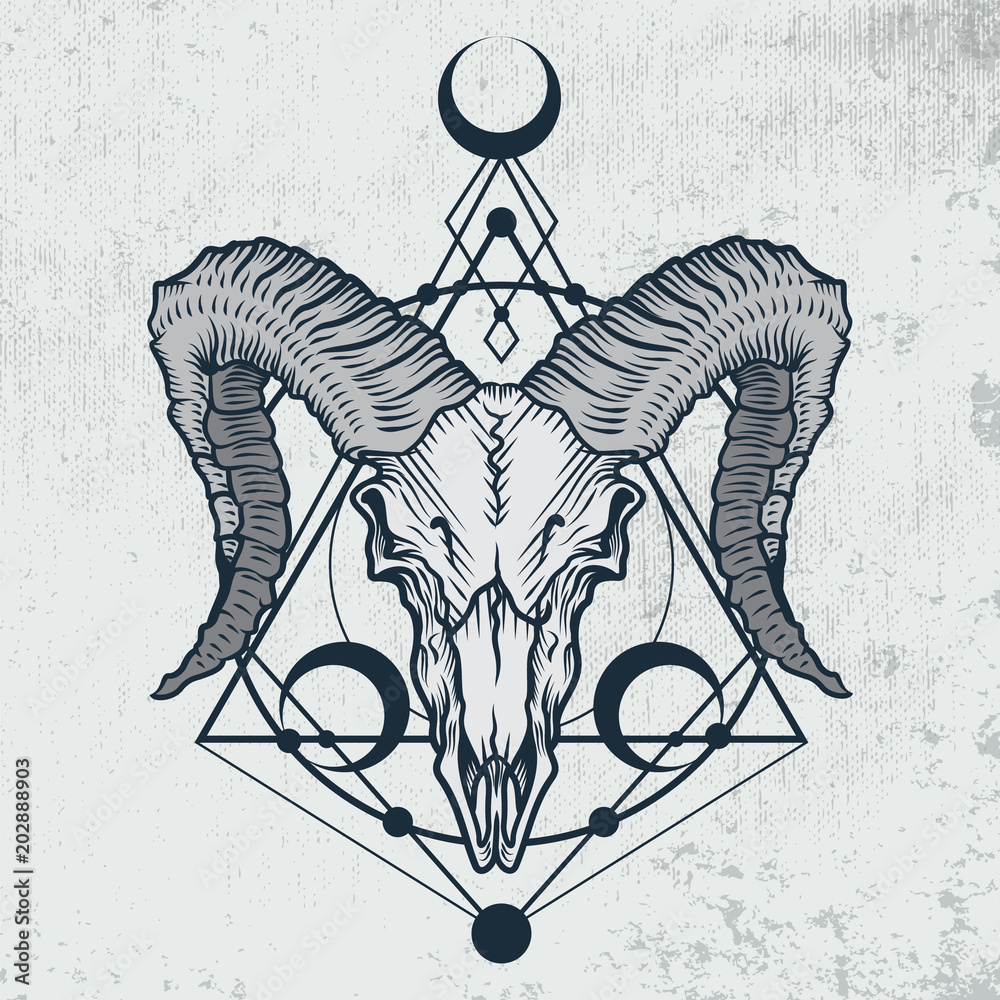 Vettoriale Stock Ram skull in engraving graphic, ink technique. Vector  illustration of ram skull with sacred geometry shapes on grunge background.  Good for posters, t-shirt prints, tattoo design. | Adobe Stock
