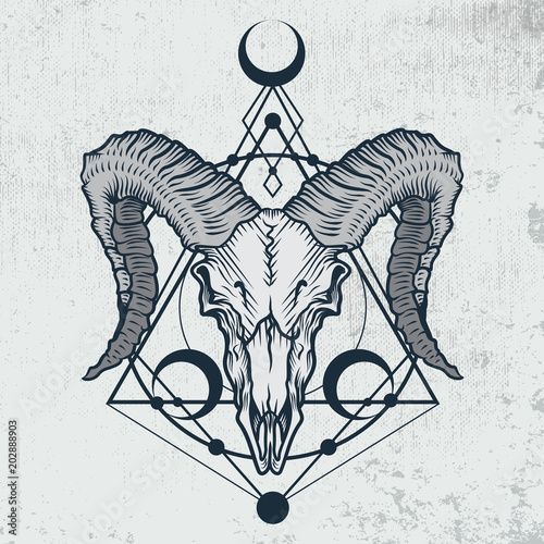 Ram skull in engraving graphic, ink technique. Vector illustration of ram skull with sacred geometry shapes on grunge background. Good for posters, t-shirt prints, tattoo design. photo