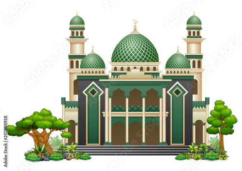 Islamic mosque building with green plant