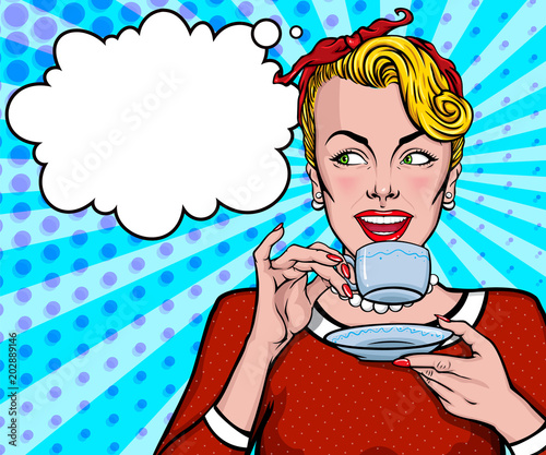Female comic character. Amazed pretty woman holding cup of tea with speech bubble on the background. Mascot of a beautiful young girl in vintage, retro, pin up, pop art style. 