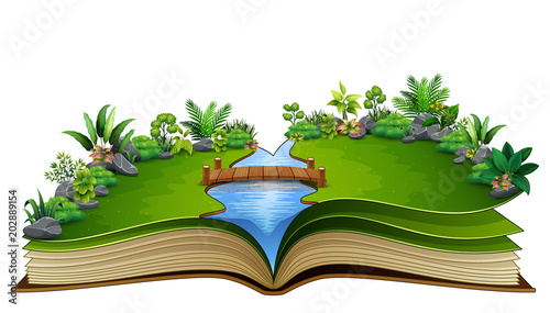 Open book with river and green plant of nature background