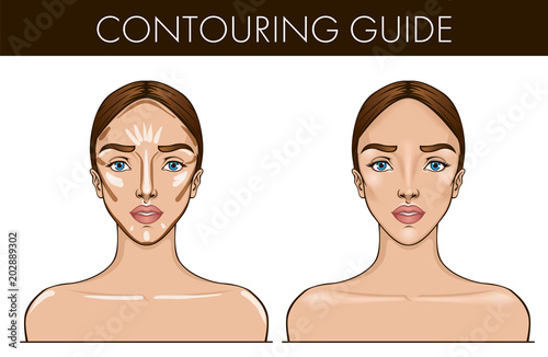 Contouring guide. Template of female face. Vector illustration of pretty young woman. Professional make up chart. Strobing, highlighting technique. 