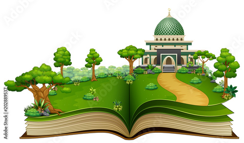 Open book with islamic mosque in the park