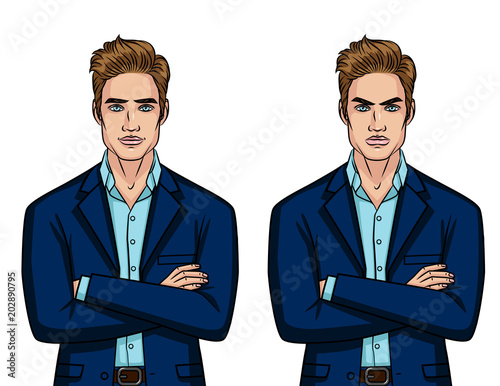 Vector colorful set of two different mood businessman: angry and cheerful character isolated from white background. Furious guy and happy guy in suit standing in front with crossed arms