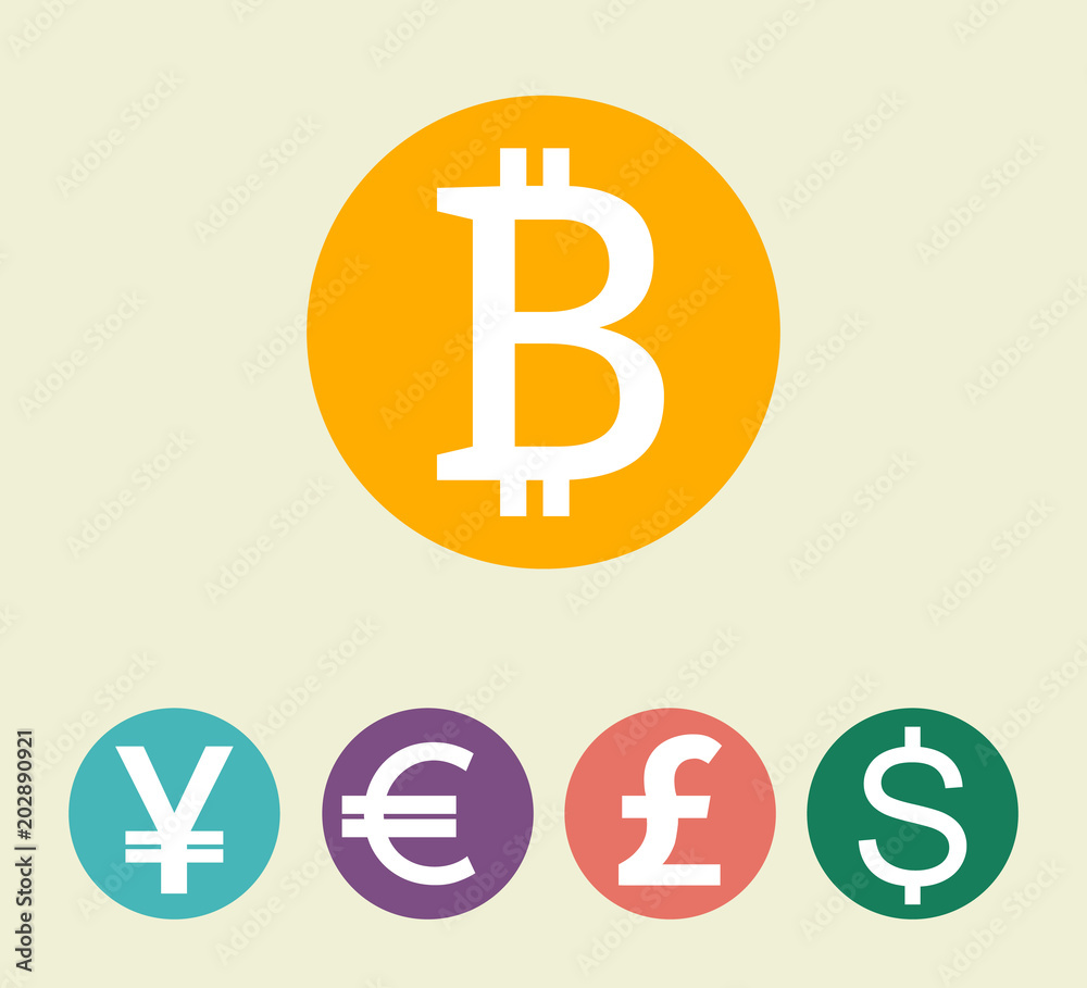 Fototapeta premium Bitcoin digital currency, dollar, euro, pound sterling, yen. World finance concept vector illustration