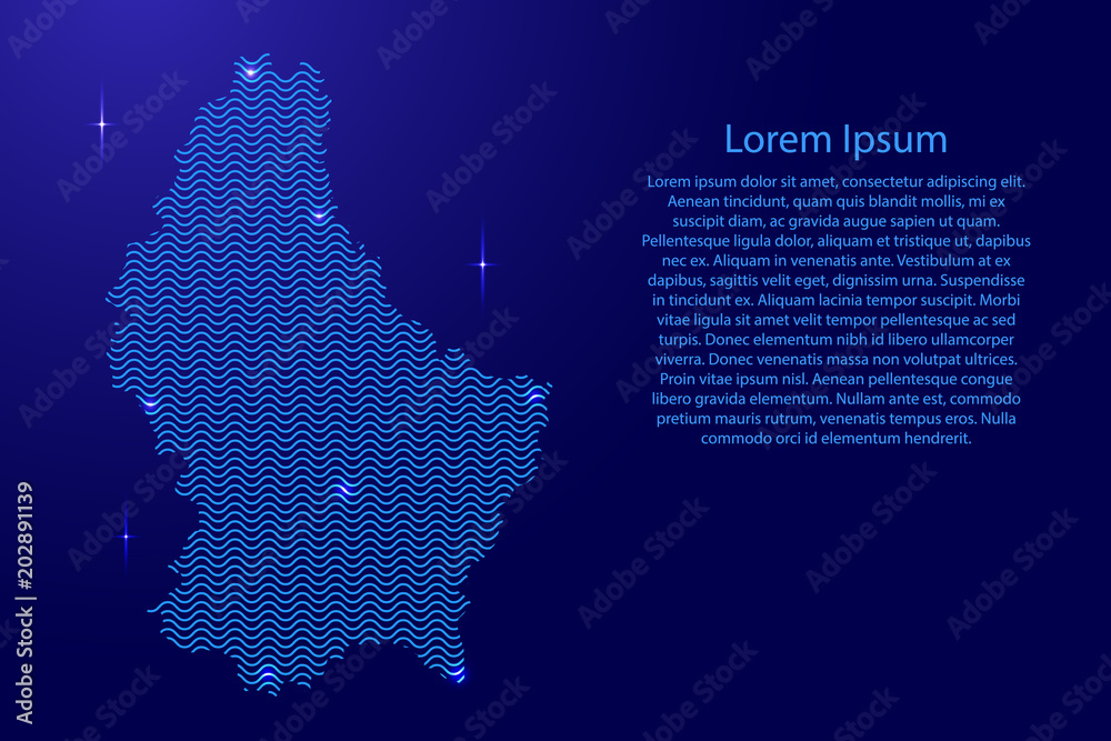 Silhouette of Luxembourg country from wavy blue space sinusoid lines and glowing stars. Vector illustration.