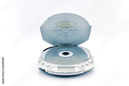 Old-fashioned CD player on white background