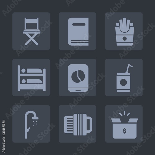 Premium set of fill icons. Such as water, potato, car, package, drink, cold, accordion, literature, travel, pack, bath, library, chair, textbook, room, music, food, shower, box, fast, seat, bed, lunch
