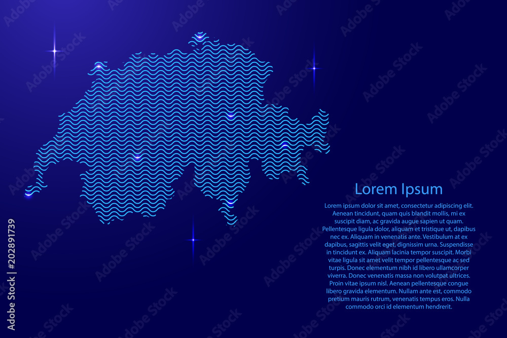 Silhouette of Switzerland country from wavy blue space sinusoid lines and glowing stars. Vector illustration.