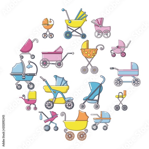 Baby carriage icons set. Cartoon illustration of 16 baby carriage vector icons for web