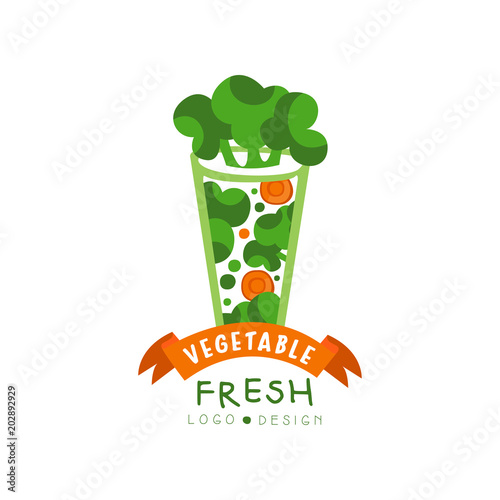 Original vector logo with glass of fresh vegetable drink from broccoli and carrot. Natural and healthy vegetarian beverage