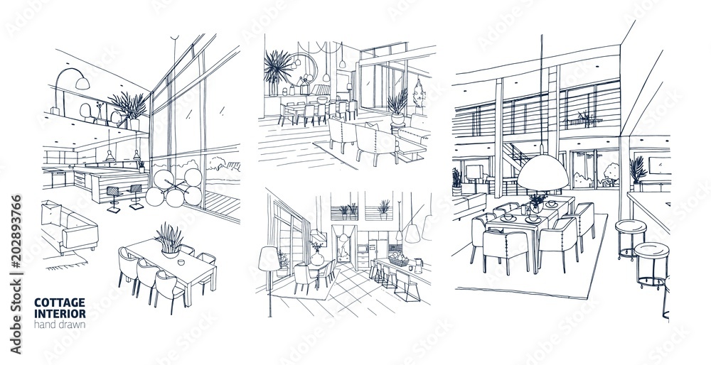 Collection of monochrome drawings of summer cottage interiors full of stylish furniture. Bundle of house rooms hand drawn with black contour lines on white background. Realistic vector illustration.