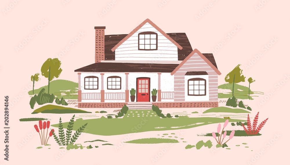 Summer cottage or beautiful two-storey suburban residential house with porch surrounded by beautiful nature and flowering plants. Country estate. Cartoon colorful vector illustration in flat style.