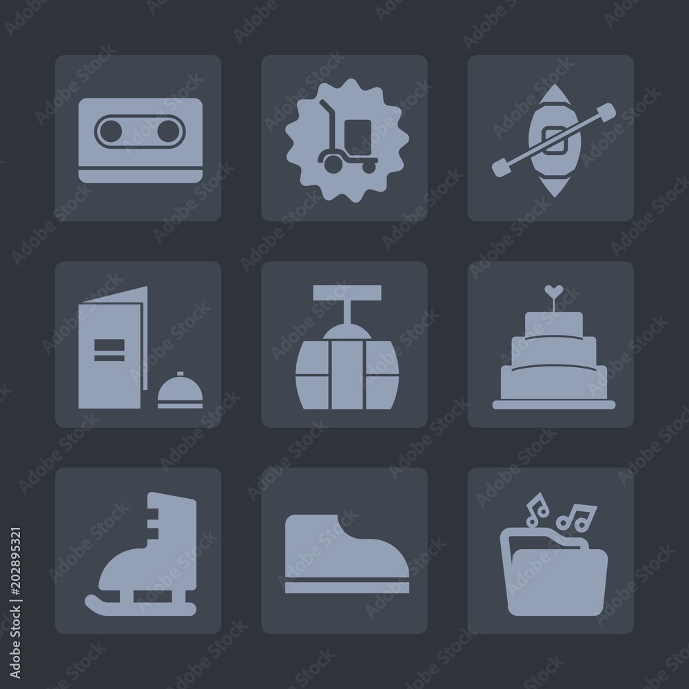 Premium set of fill icons. Such as cargo, fashion, old, cassette, sky, cable, record, ship, container, book, train, paper, cake, boat, delivery, dessert, box, car, warehouse, travel, music, food, pie