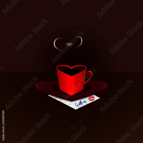 A cup of coffee and a saucer in the shape of a heart.