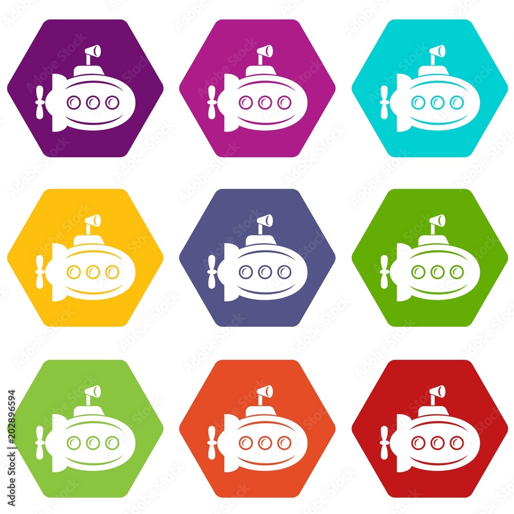 Bathyscaphe with horn icons 9 set coloful isolated on white for web Bathyscaphe with horn icons 9 set coloful isolated on white for web