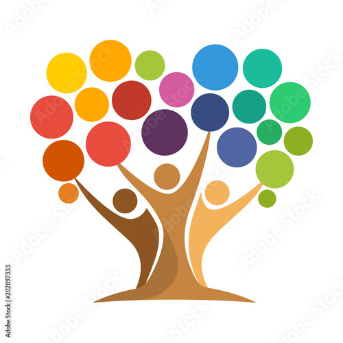icon of tree illustration with the concept of unity of people reaching the colorful dot