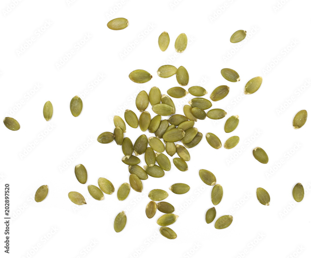 Pumpkin seeds isolated on white background, top view - obrazy, fototapety, plakaty 