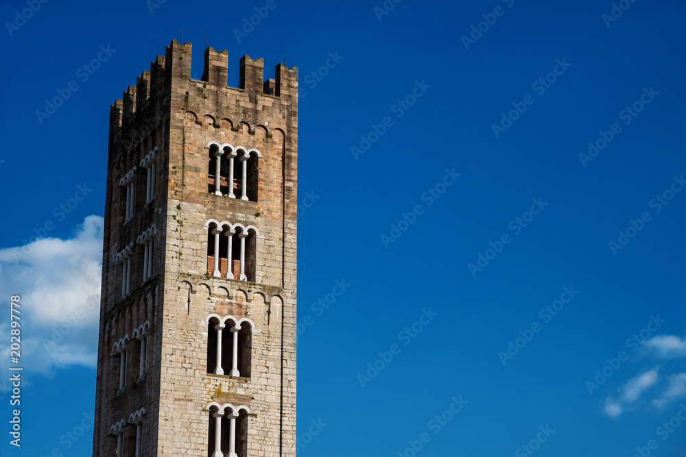 Saint Fridanius Basilica old medieval bell tower in the town of Lucca, Tuscany. Erected between the 12th and 13th century (with copy space)