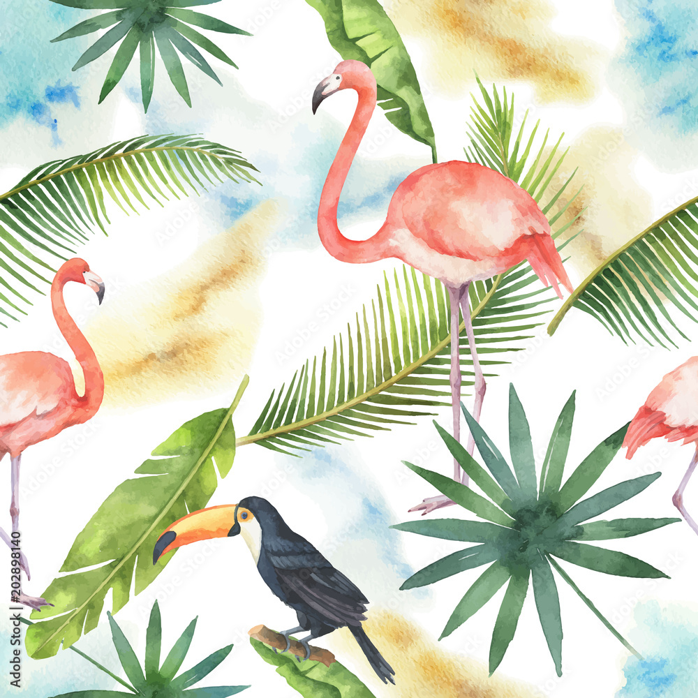 Obraz Akwarela bezszwowe wzór transparent tropikalny liści, Flamingo i Tukan na białym tle.