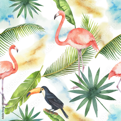 Obraz na płótnie Akwarela bezszwowe wzór transparent tropikalny liści, Flamingo i Tukan na białym tle.