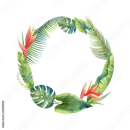 Watercolor vector frame tropical leaves and branches isolated on white background.