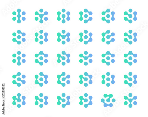 Innovation technology seal set. Isolated biology, chemistry concept logo. AI logotype collection. Pharmacy ad medical business industry logos. Blue abstract dots, medical science, vector illustration