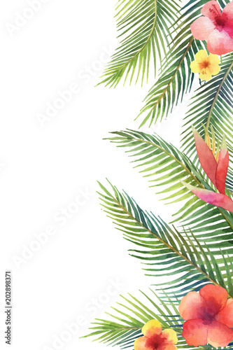 Watercolor vector banner tropical leaves and bright hibiscus flowers isolated on white background.