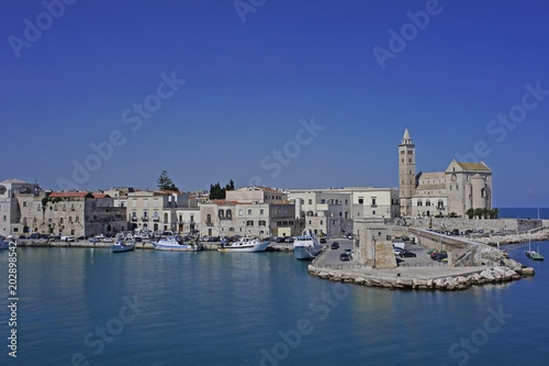 Italy, Apulia, Trani Cathedral San Nicola Pellegrino with bell tower and harbor
