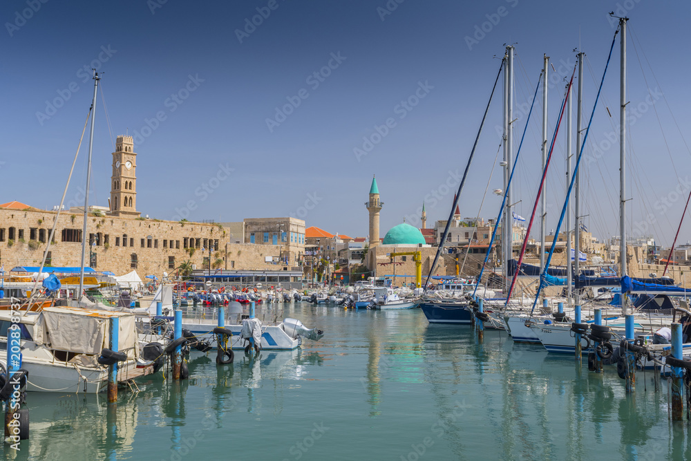 The ancient Harbour and a fishing port in Acre (Akko), western Galilee, Israel.