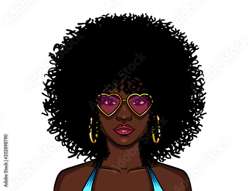 Vector colorful illustration of african american hippie woman in pink sunglasses isolated from white background. Girl with curly afro hairstyle and dark skin