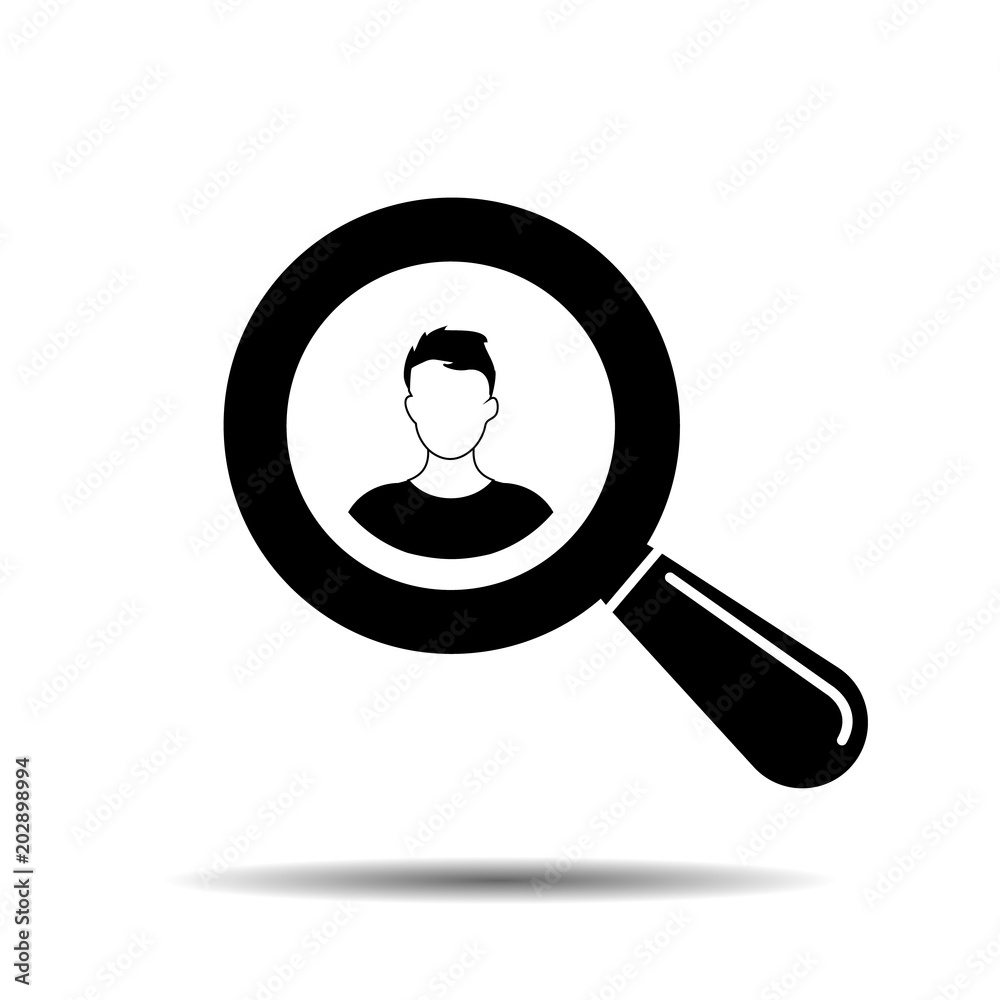 Search for employees human resource icon. Looking for worker. Search man vector icon. Magnifying glass with man. Vector.