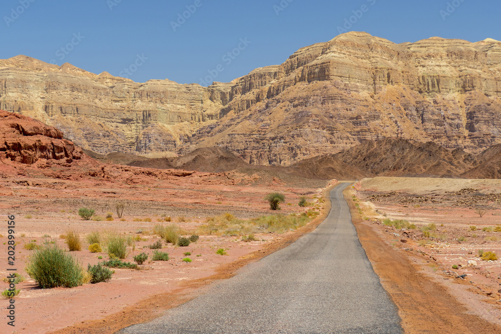 Lonely asphalt road through the hills and desert in Timna National Park, Israel.