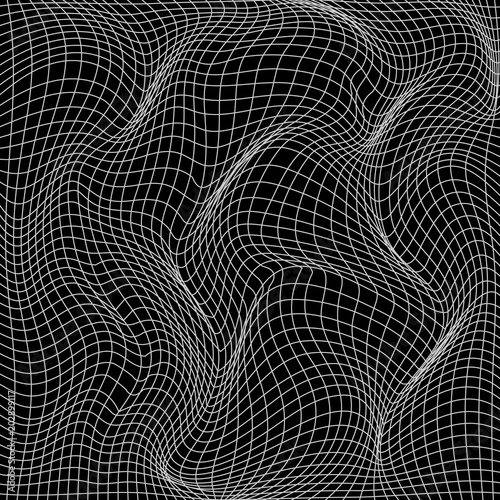 Abstract wavy deformation of net. Wavy motion mesh 3d structure. Vector illustration isolated on dark background
