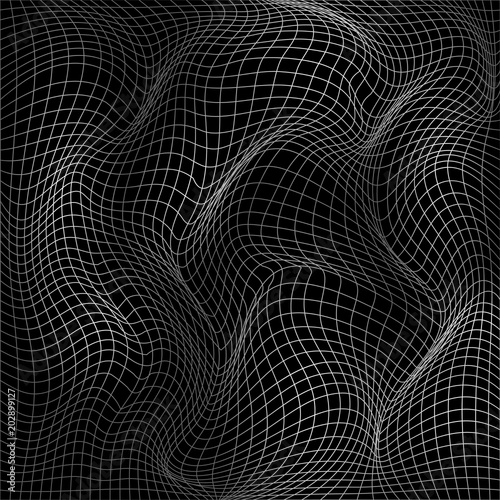 Abstract deformation of net. Wavy motion mesh structure. Vector illustration isolated on dark background