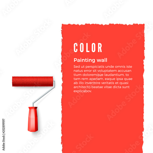 Paint roller with red paint and space for text or other design on vertical wall. Roller brush for text. Vector illustration
