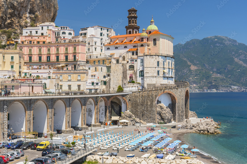 View of the beautiful town of Atrani at famous Amalfi Coast with Gulf of Salerno, Campania, Italy.
