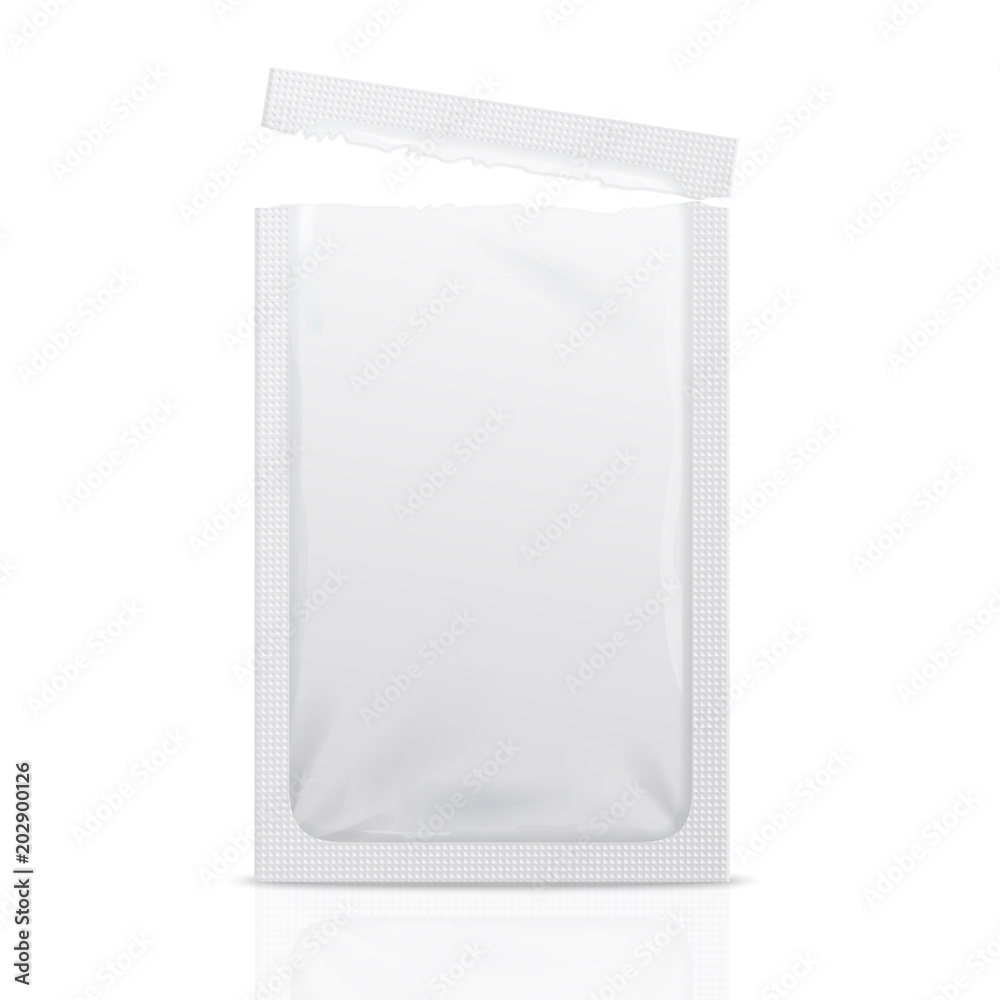 Realistic Detailed 3d White Disposable Foil Sachet Open. Vector Realistic Detailed 3d White Disposable Foil Sachet Open. Vector