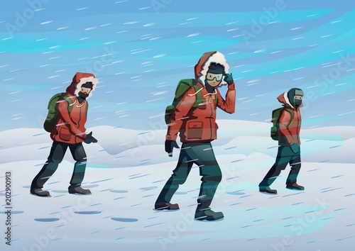 Polar explorers in red jackets marching on the snow in windy weather. Three men walking through the snowstorm. Vector illustration. Flat style. Horizontal.