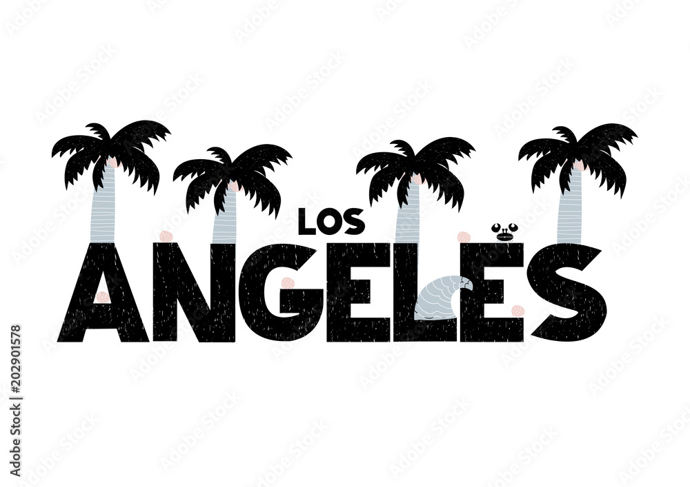Banner with lettering los angeles in scandinavian style. Vector illustration with decorative palms isolated on white background. Can be used as card, poster, banner, flyer, label, t-shirt print