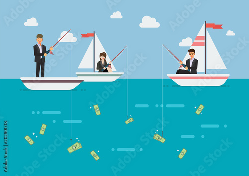 Businessman and woman fishing money
