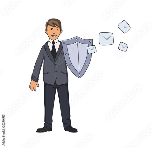 Man in business suit protecting himself with a shield against unwanted mail. Spam, antispam protection. Concept vector illustration. Isolated on white background. Flat style.
