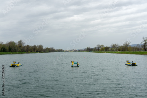 Marker of departure for canoeing competition. Lake in Zagreb, Croatia.